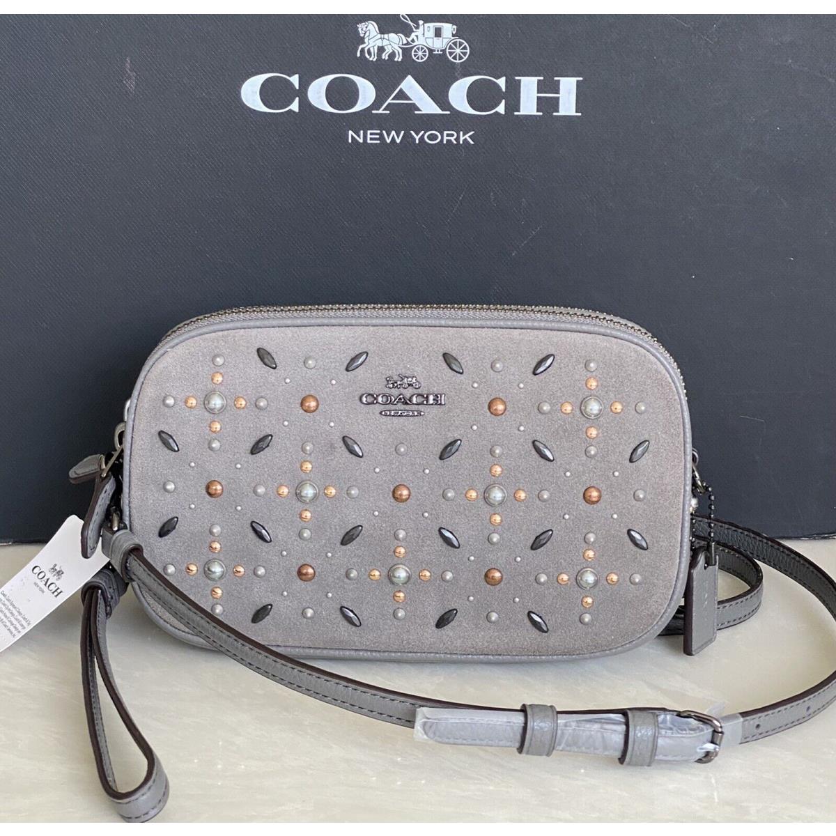 Coach Heather Gray Suede Prairie Rivets Crossbody Clutch Bag 22868