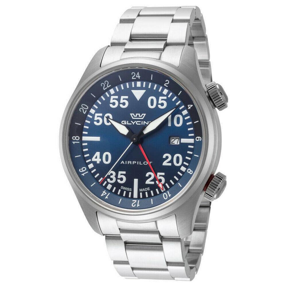 Glycine GL0348 Airpilot Gmt Men`s Swiss Pilot Aviator Watch 44mm Blue Dial Date