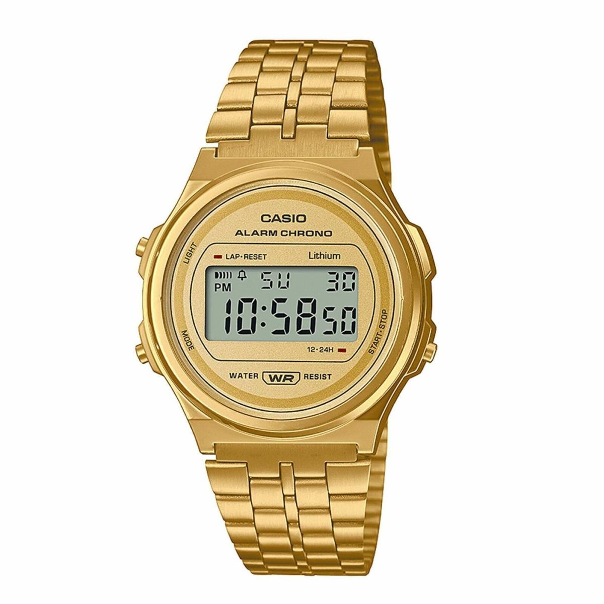 Casio Vintage Style Digital Gold Ion Plated Stainless Steel Band A171WEG-9A - Dial: Gold, Band: Gold, Bezel: Gold