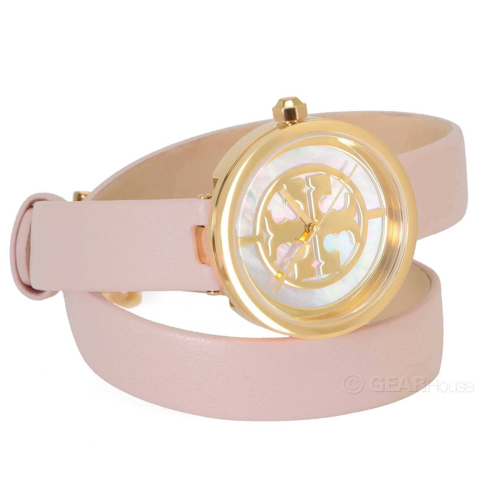 Tory Burch Reva Womens Gold Watch Mother Pearl Dial Double Wrap Pink Leather - White Dial, Pink Band, Gold Bezel