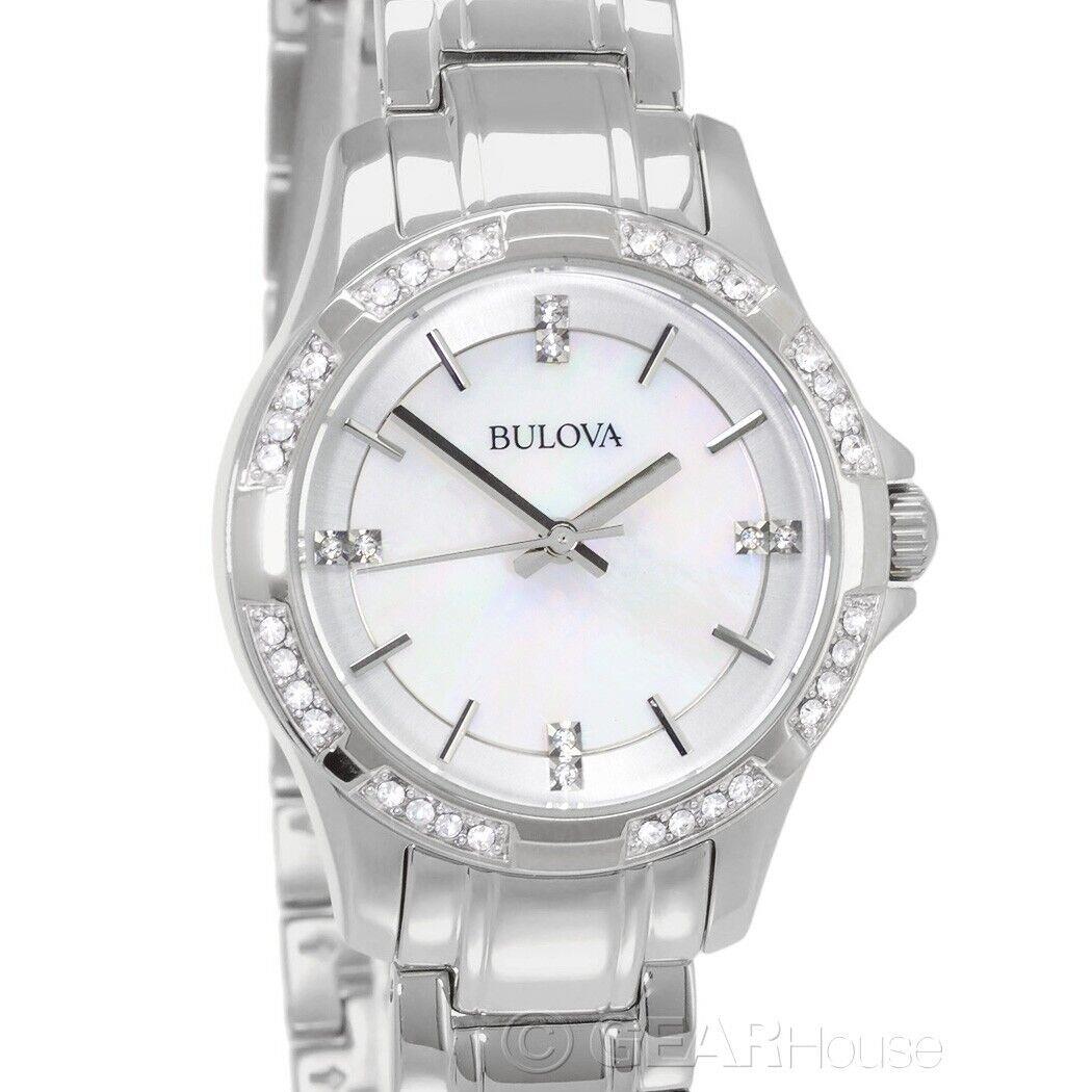 Bulova Womens Pave Crystals Dress Watch White Mop Dial Silver Stainless Steel