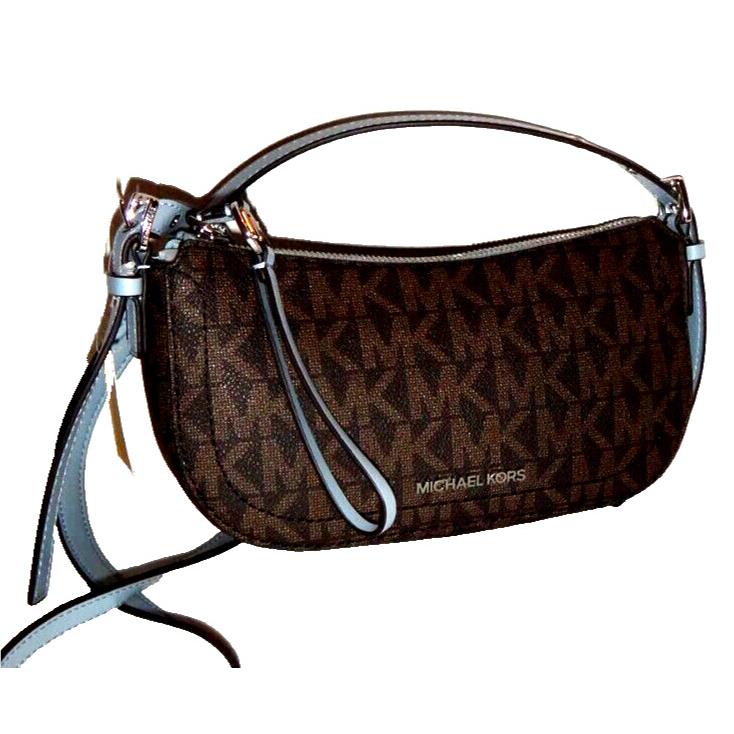 Michael Kors Camden MK Signature XS Pouchette Cross-body Zip Bag Brown Pale Blue