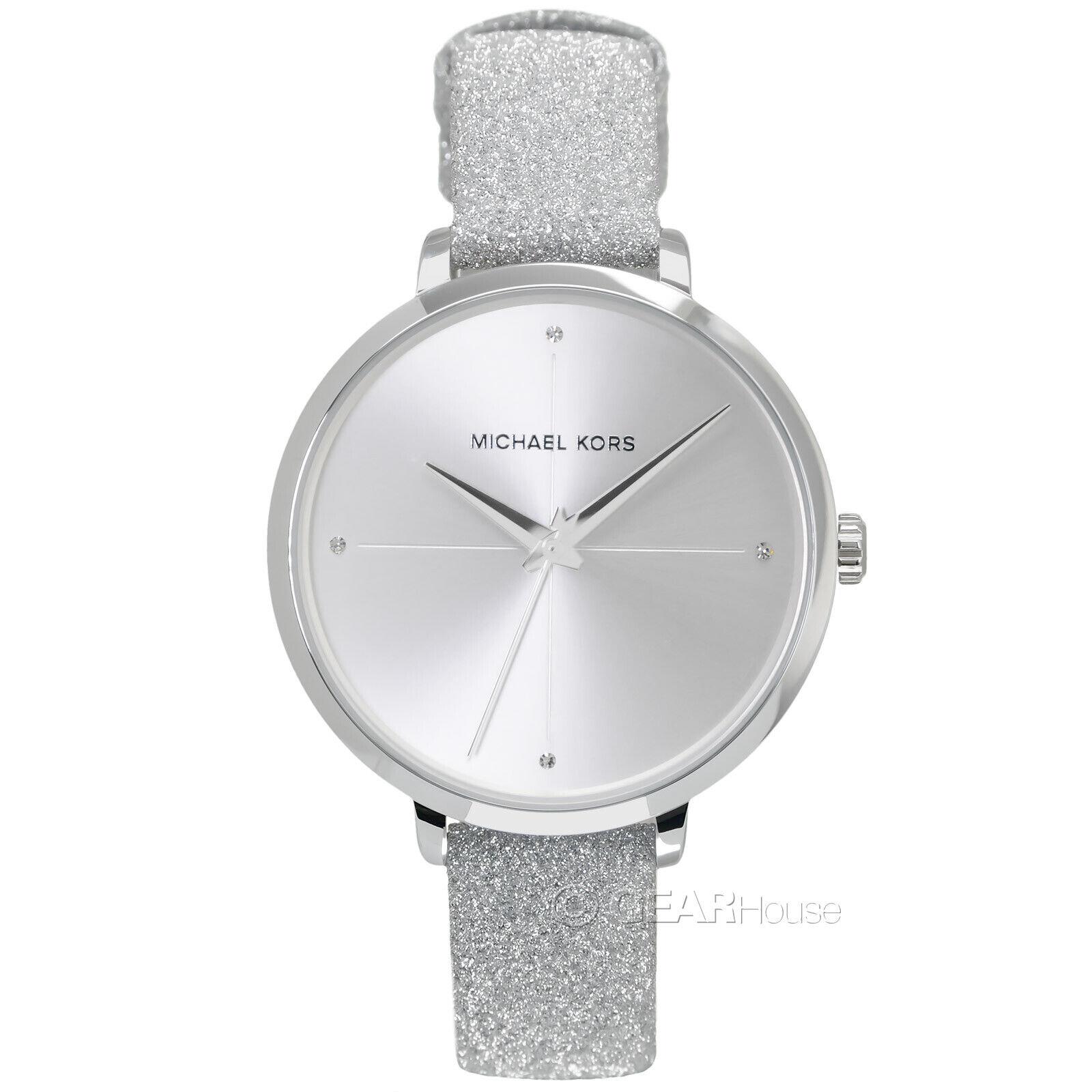 Michael Kors Charley Womens Watch Sparkle Glitter Silver Leather Band Crystals - Silver Dial, Silver Band, Silver Bezel