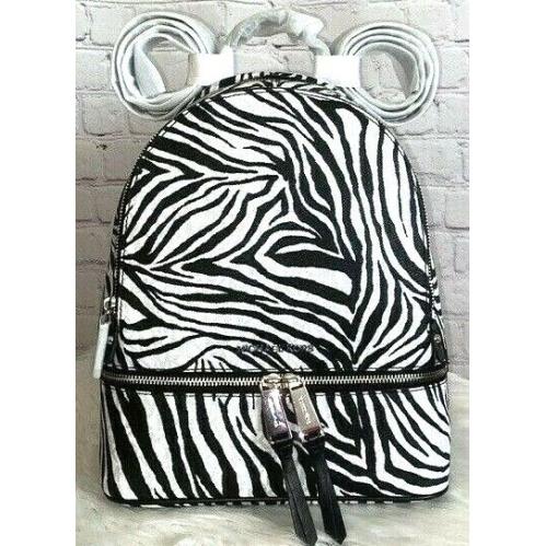 Michael Kors Rhea Zip Backpack Black White Silver Logo Animal Zebra Bag