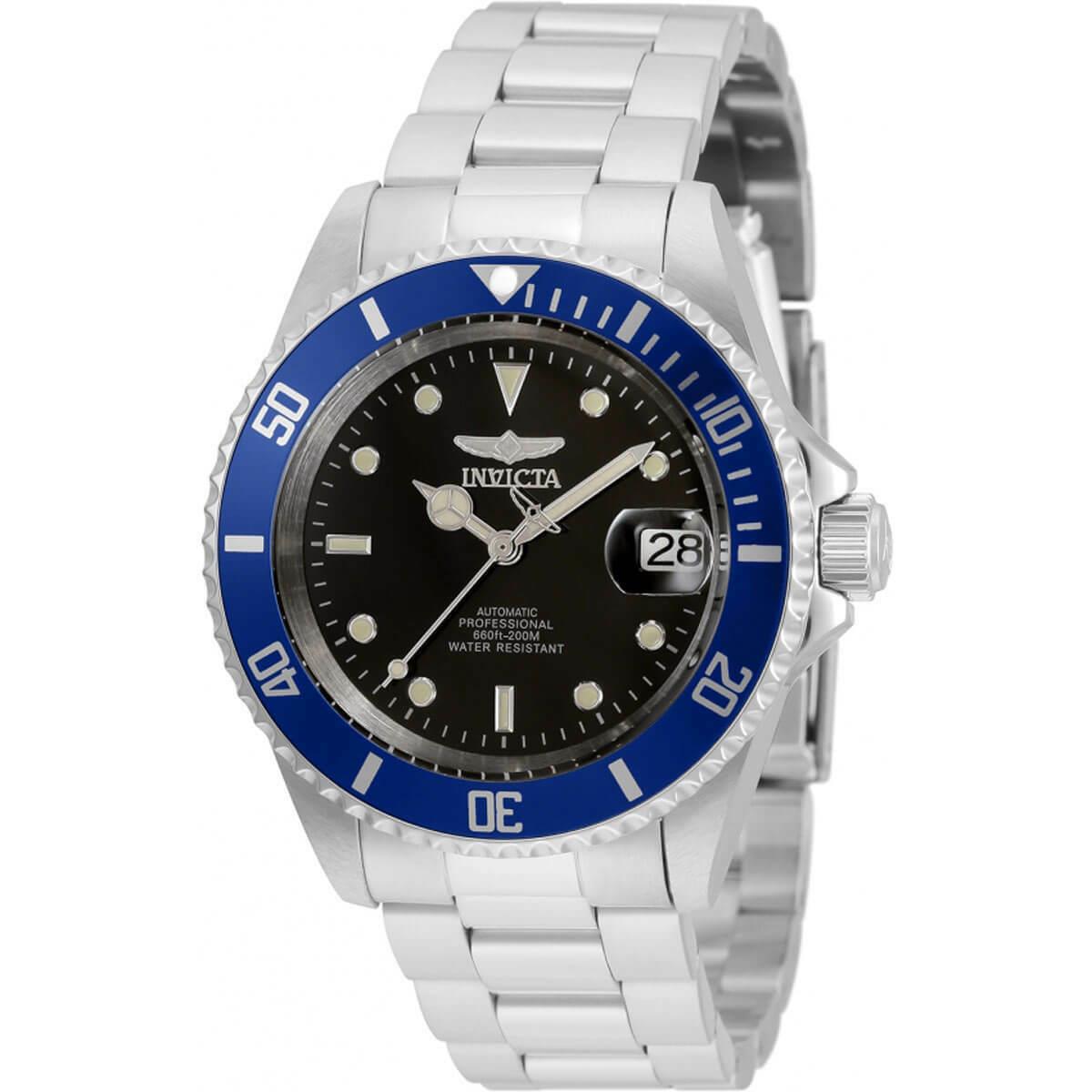 Invicta Men`s Watch Pro Diver Black Dial Silver Steel Bracelet Automatic 35694