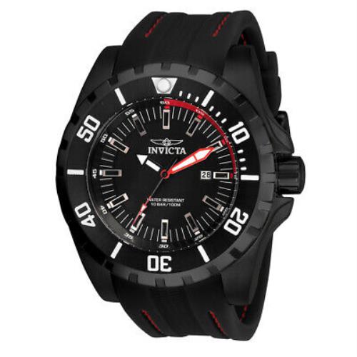 Invicta Pro Diver Quartz Black Dial Men`s Watch 30760 - Dial: Black, Band: Black (Red Stripe), Bezel: Black Ion-plated