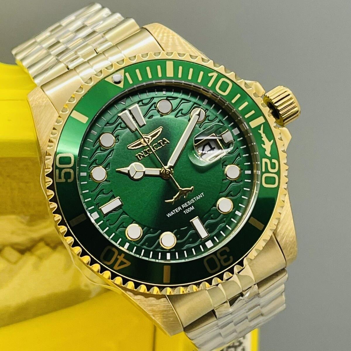 Invicta Men 43mm Pro Diver SS Gold Case Hulk Green Bezel Dial Date Watch