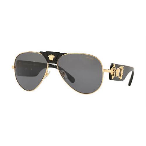 Versace VE2150-Q 100281 Sunglasses Gold Medusa Logo-black Leather/grey Polarized