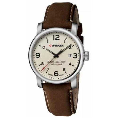 Wenger Brown Leather Band Quart Swiss Made Men`s Watch 01.1041.138