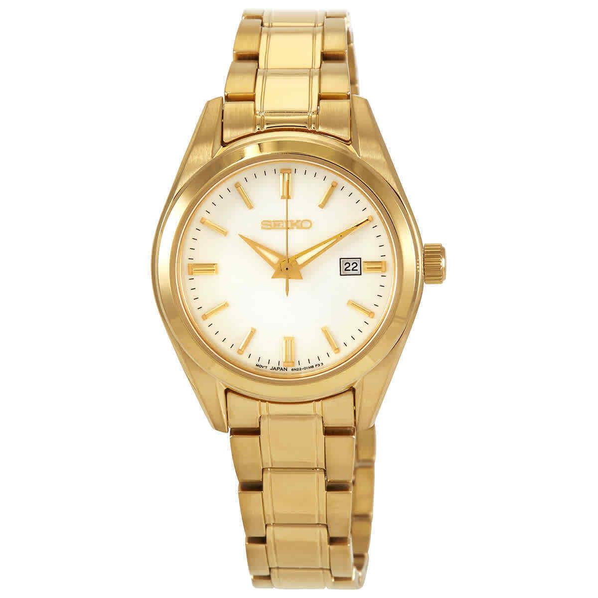 Seiko Neo Classic Quartz Silver Dial Ladies Watch SUR632P1 - Dial: Silver, Band: Gold, Bezel: Gold