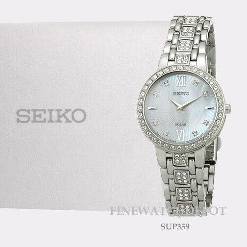 Seiko Ladies Stainless Steel Swarovski Crystals Solar Watch SUP359 - White Dial, Silver Band, Silver Bezel