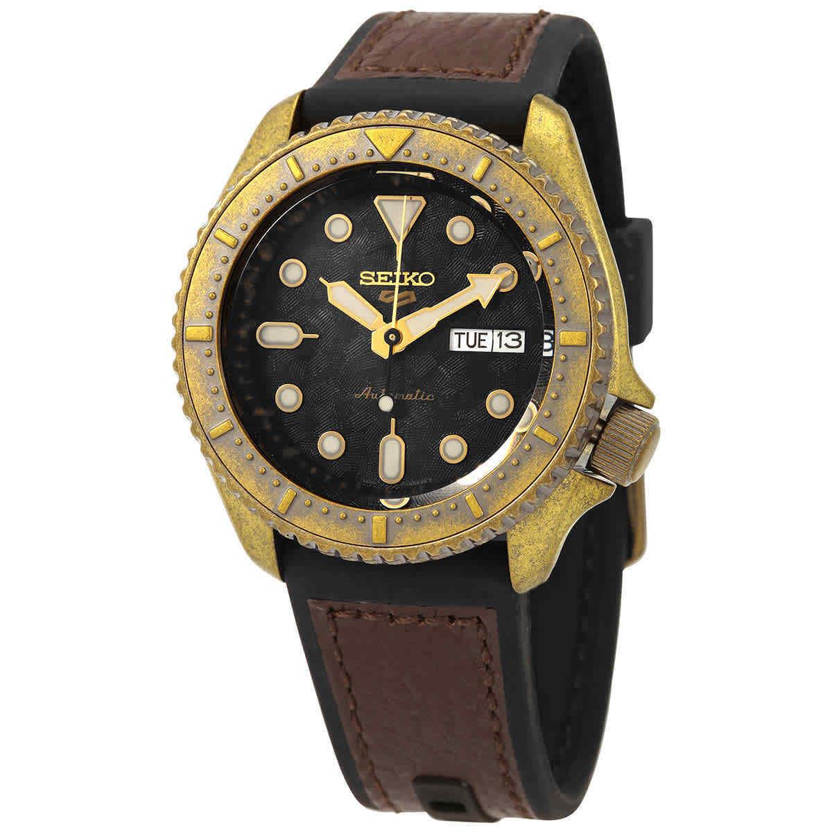 Seiko 5 Sports Automatic Black Dial Men`s Watch SRPE80K1 - Dial: Black, Band: Brown, Bezel: Gold