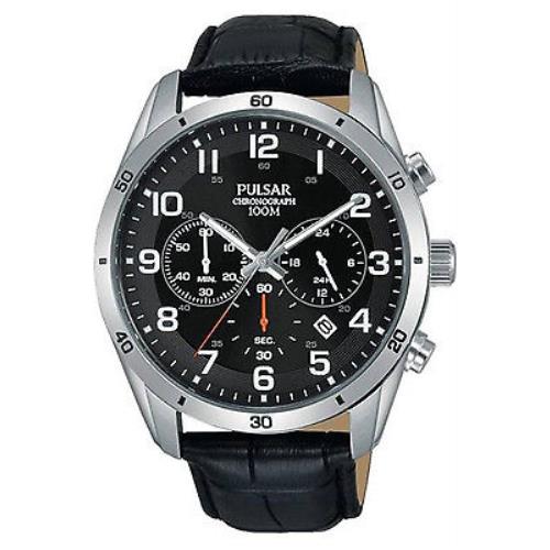 Pulsar PT3833X1 Men`s Chronograph Stainless Case Leather Date 100m WR PT3833