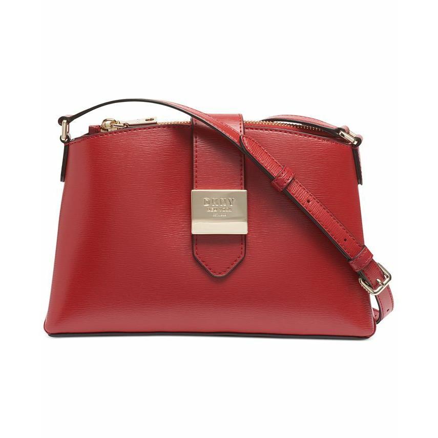 Dkny Lyla Red Leather Crossbody Bag Gold Logo Flap Snap Closure Handbag Purse