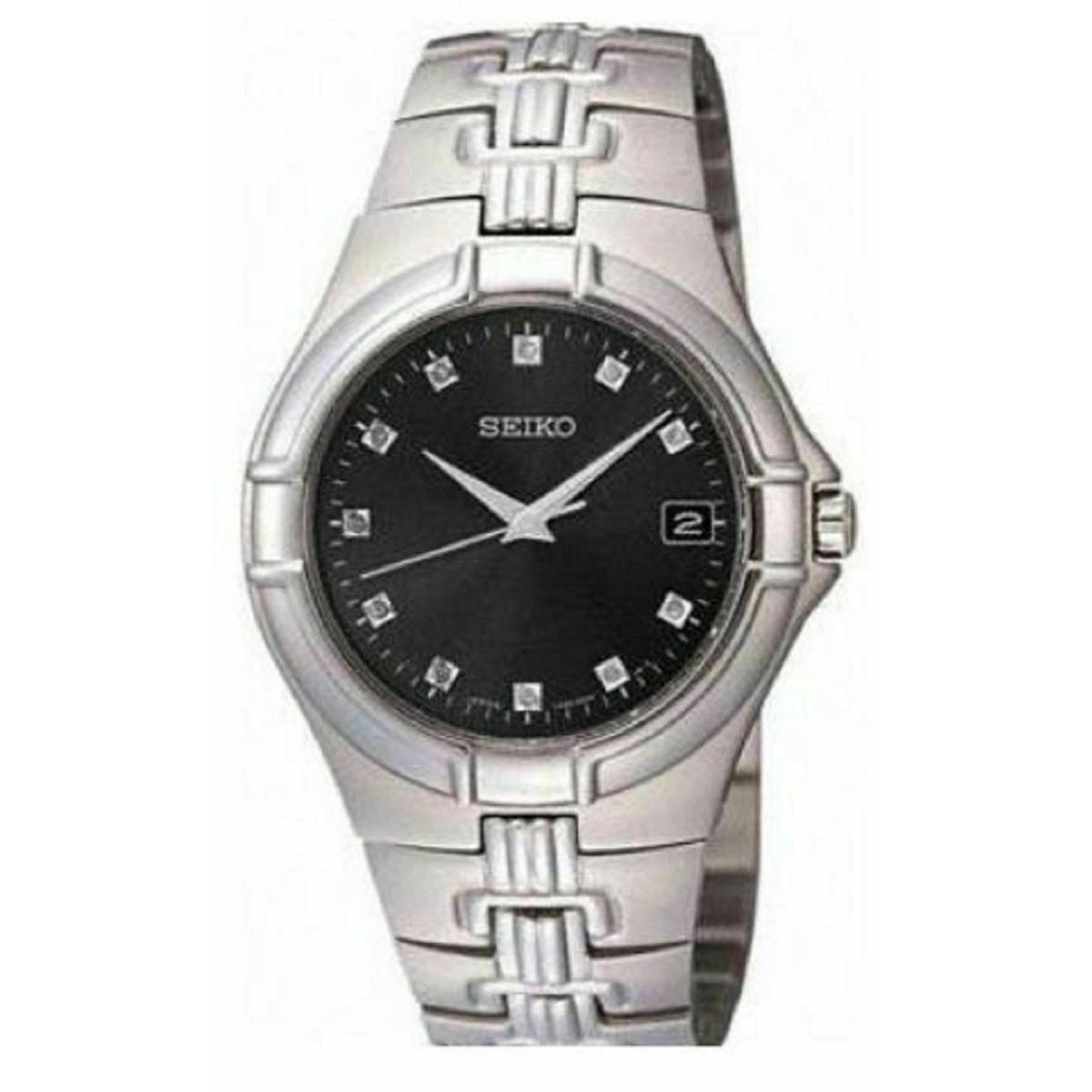 Seiko SGEE25 Diamond Accent Black Dial Silver Tone Date Men`s Watch