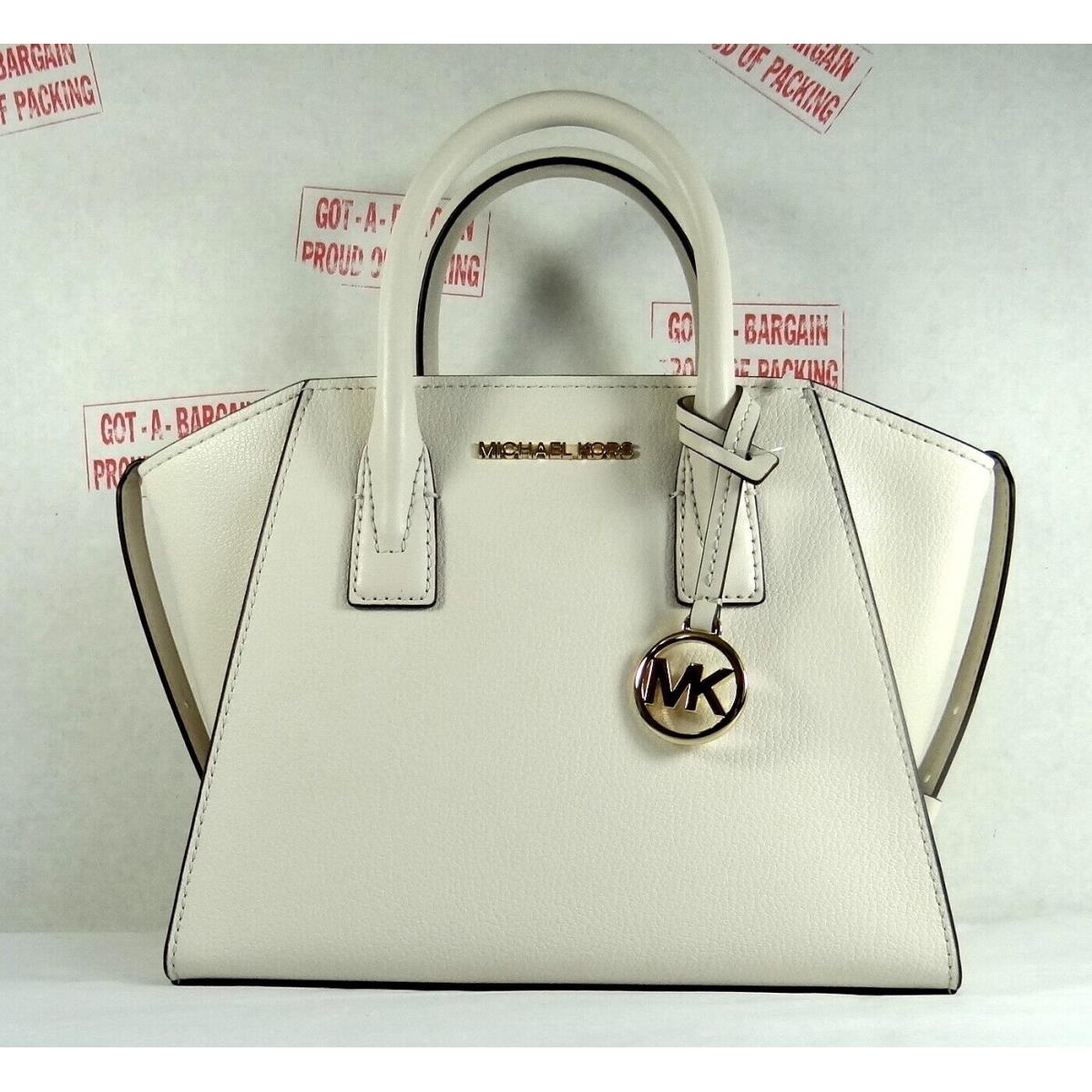 Michael Kors Avril Small Top Zip Pebbled Leather Satchel Crossbody Bag Light Cream/Gold