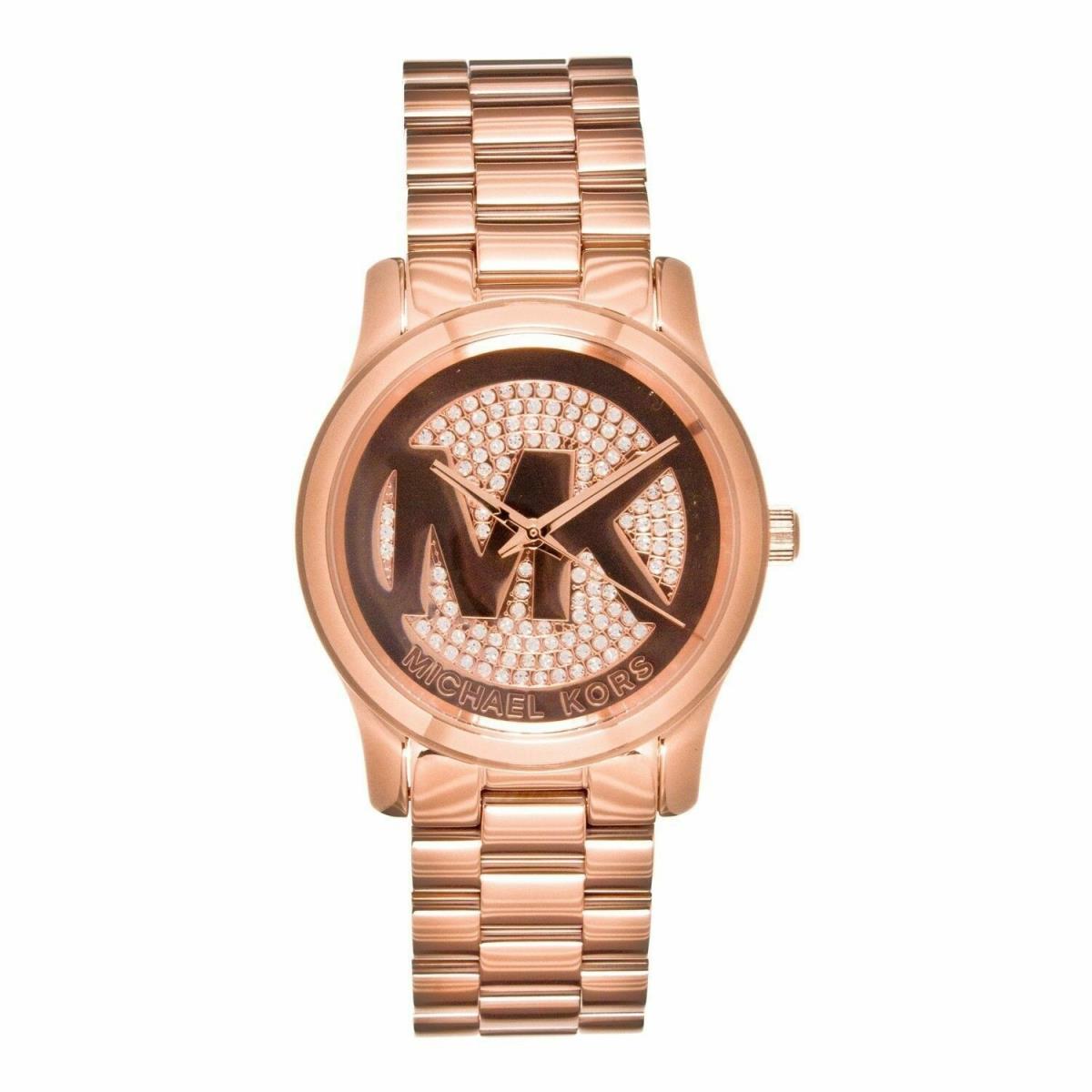 Michael Kors Runway MK5853 Rose Gold MK Logo Crystals Women`s Watch