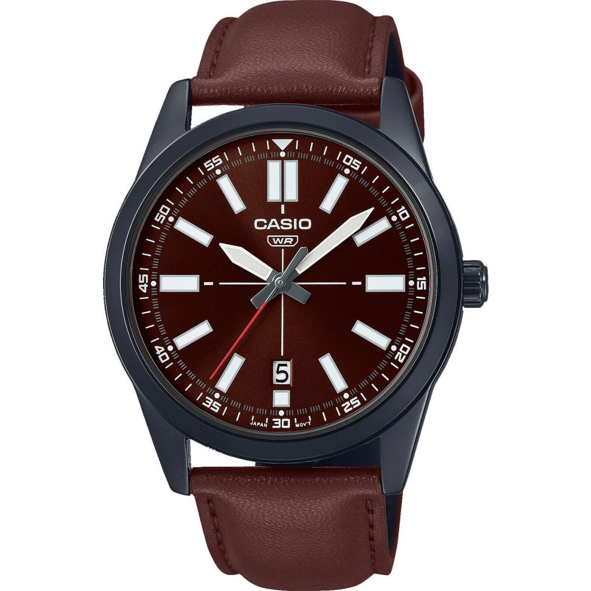 Casio MTP-VD02BL-5E Men`s Black IP Brown Dial Leather Band 3-Hand Analog Watch