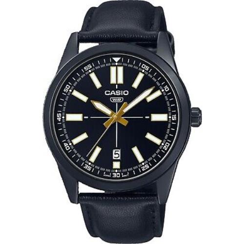 Casio MTP-VD02BL-1E Men`s Black IP Black Dial Leather Band 3-Hand Analog Watch