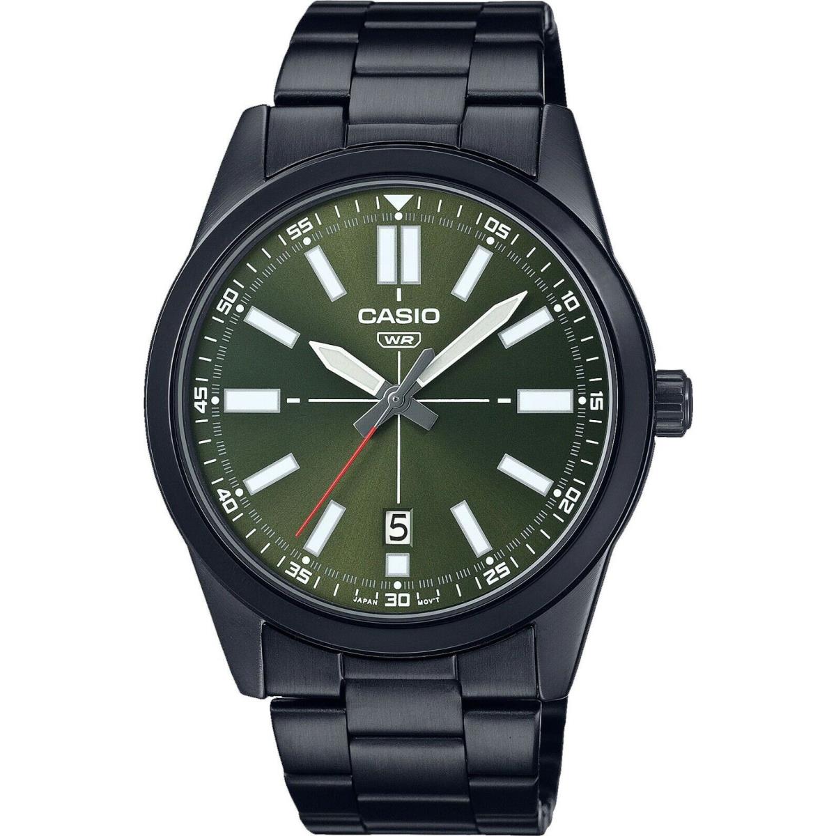 Casio MTP-VD02B-3E Men`s Black IP Stainless Steel Green Dial 3-Hand Analog Watch