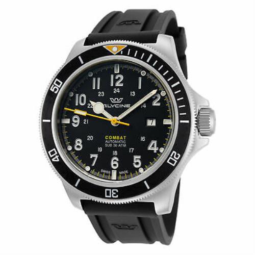 Glycine Men`s Combat Sub GL0274 46mm Black Yellow Dial Silicone Watch