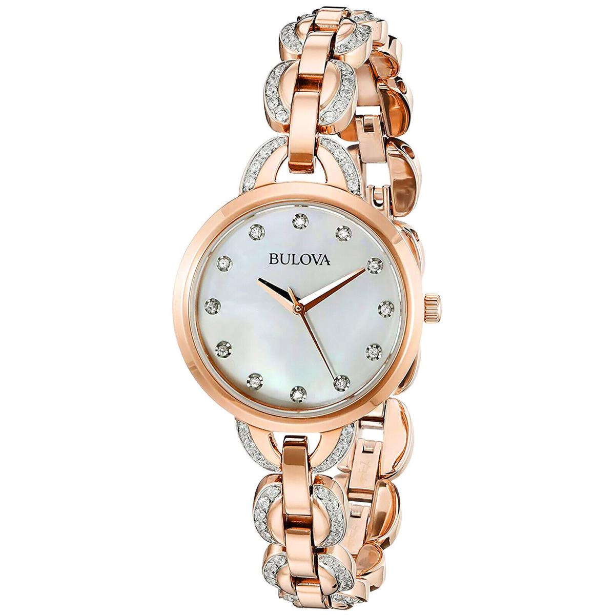 Bulova Womens Dress Watch Rose Gold Band White Mother of Pearl Dial Crystals - White Dial, Rose Gold Band, Pink Bezel