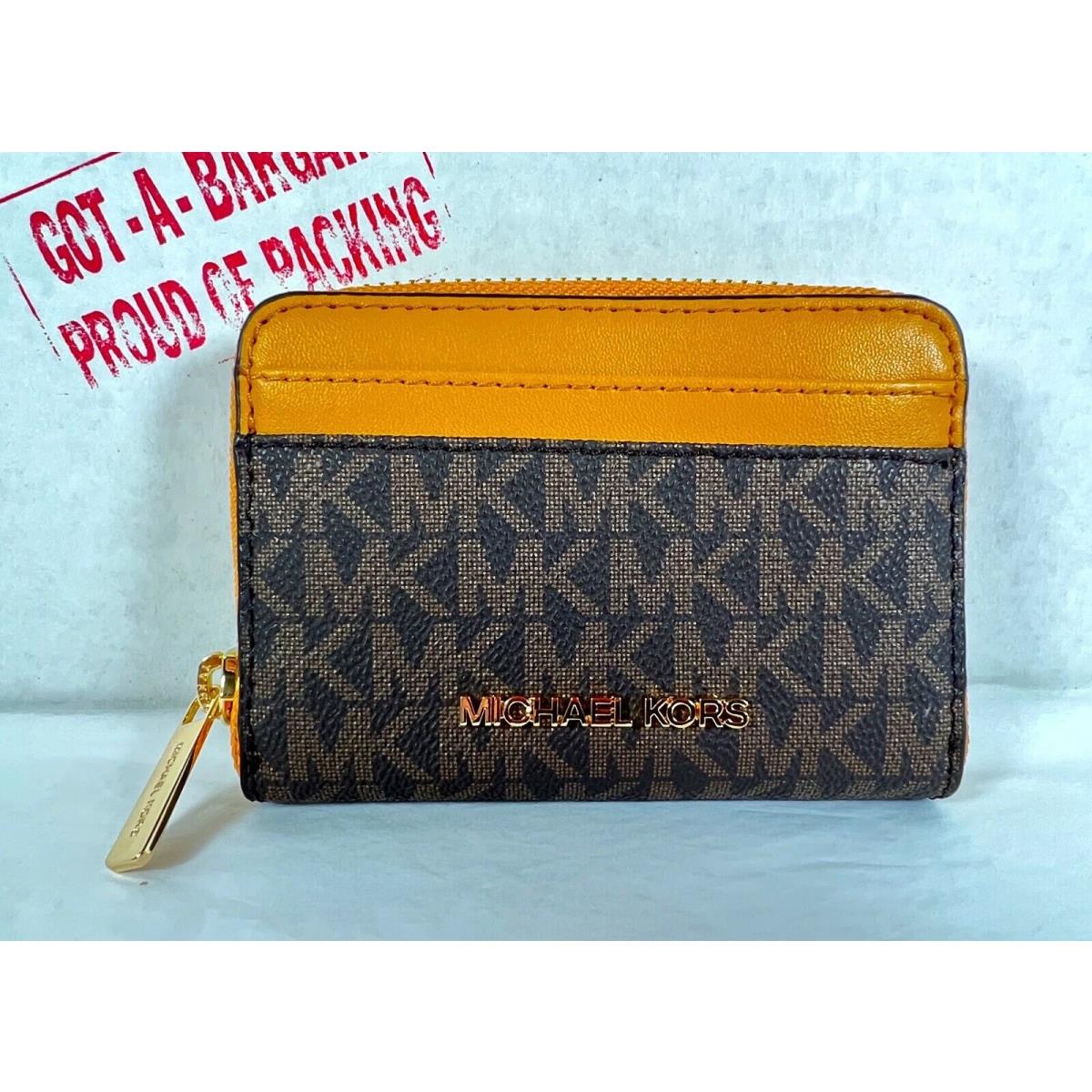 Michael Kors Jet Set Medium MK Signature Brown Yellow Card Case Carh Holder