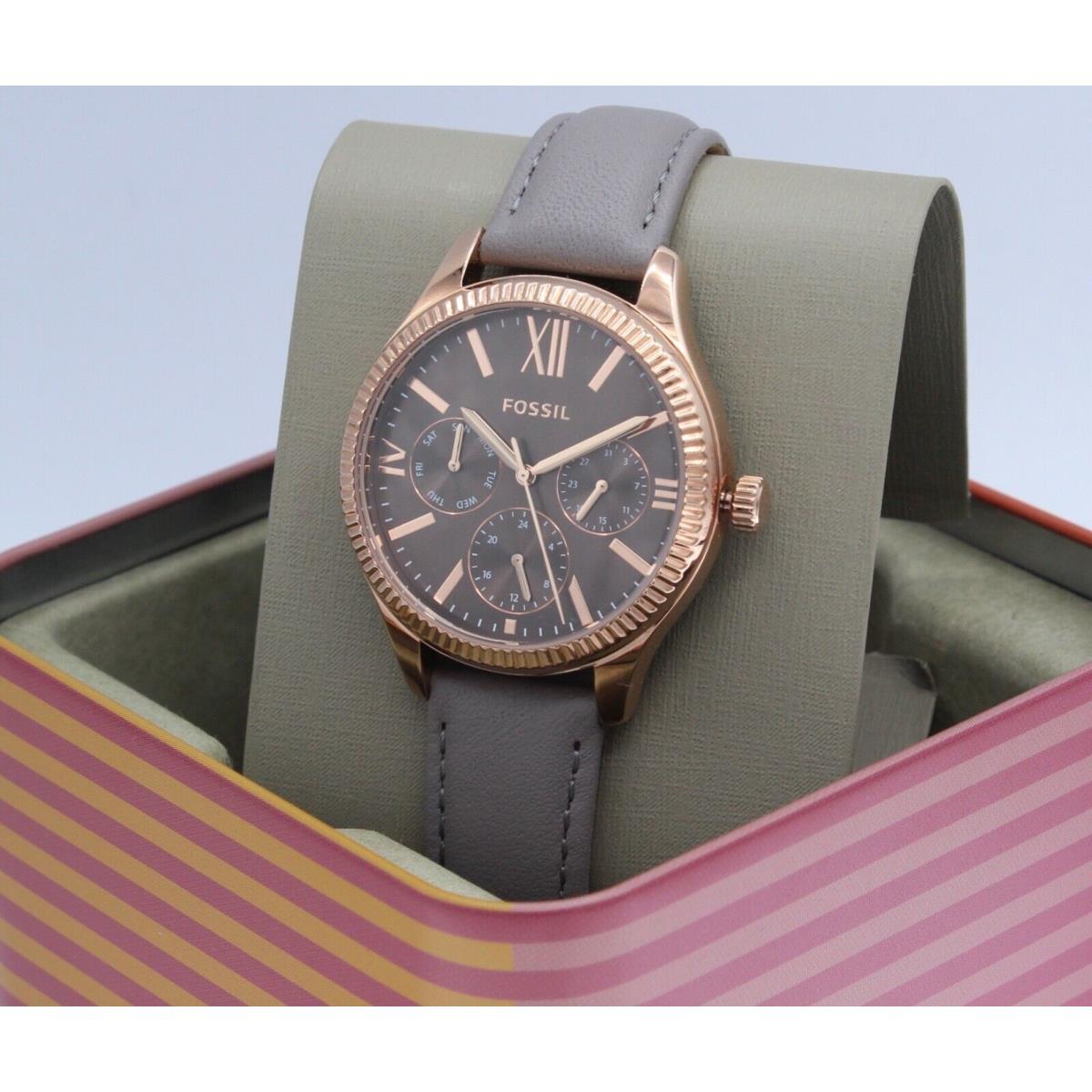 Fossil Rye Multifunction Rose Gold Grey Leather Women BQ3764 Watch