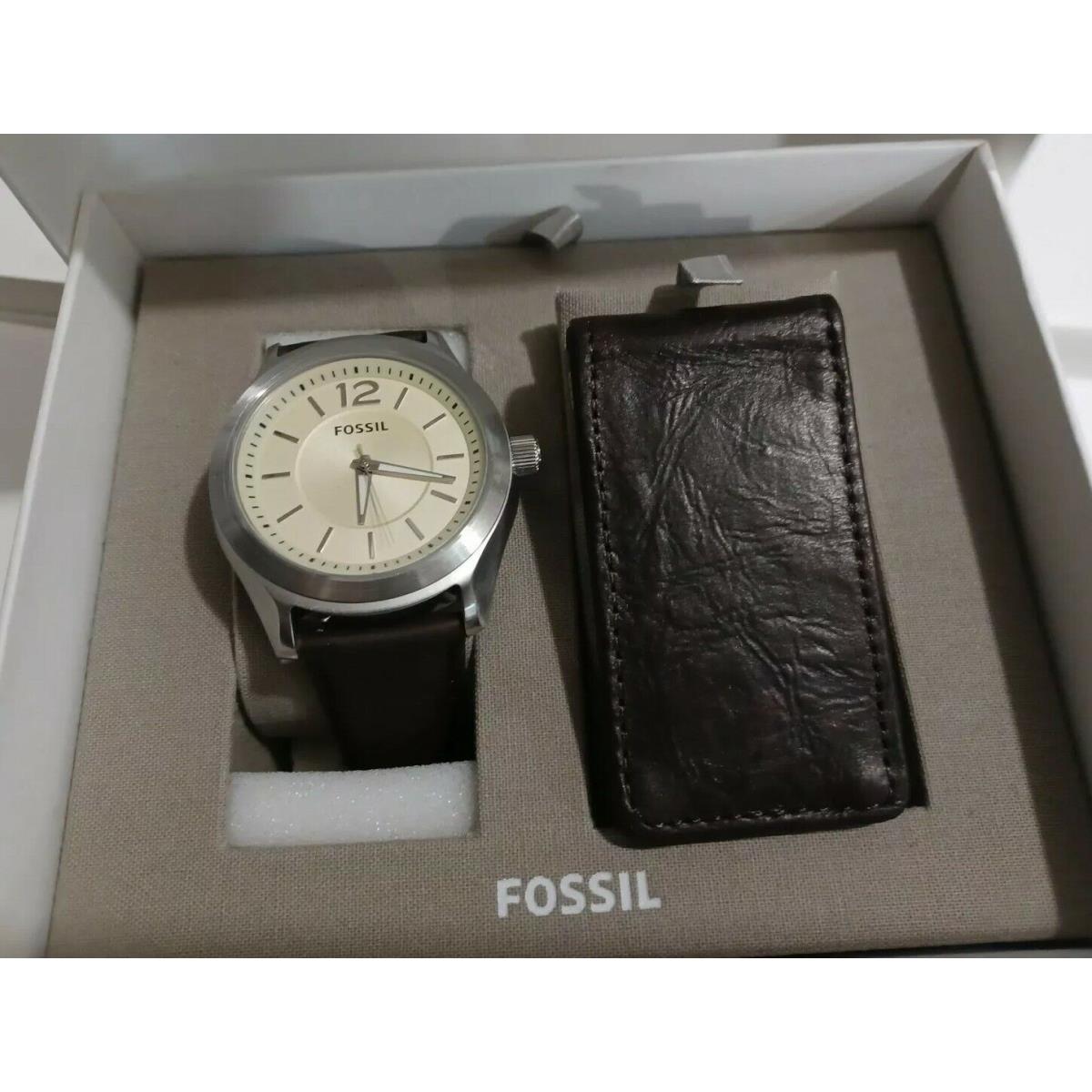 Fossil BQ2338 Editor Three-hand Brown Leather Watch and Bill Clip Box Set