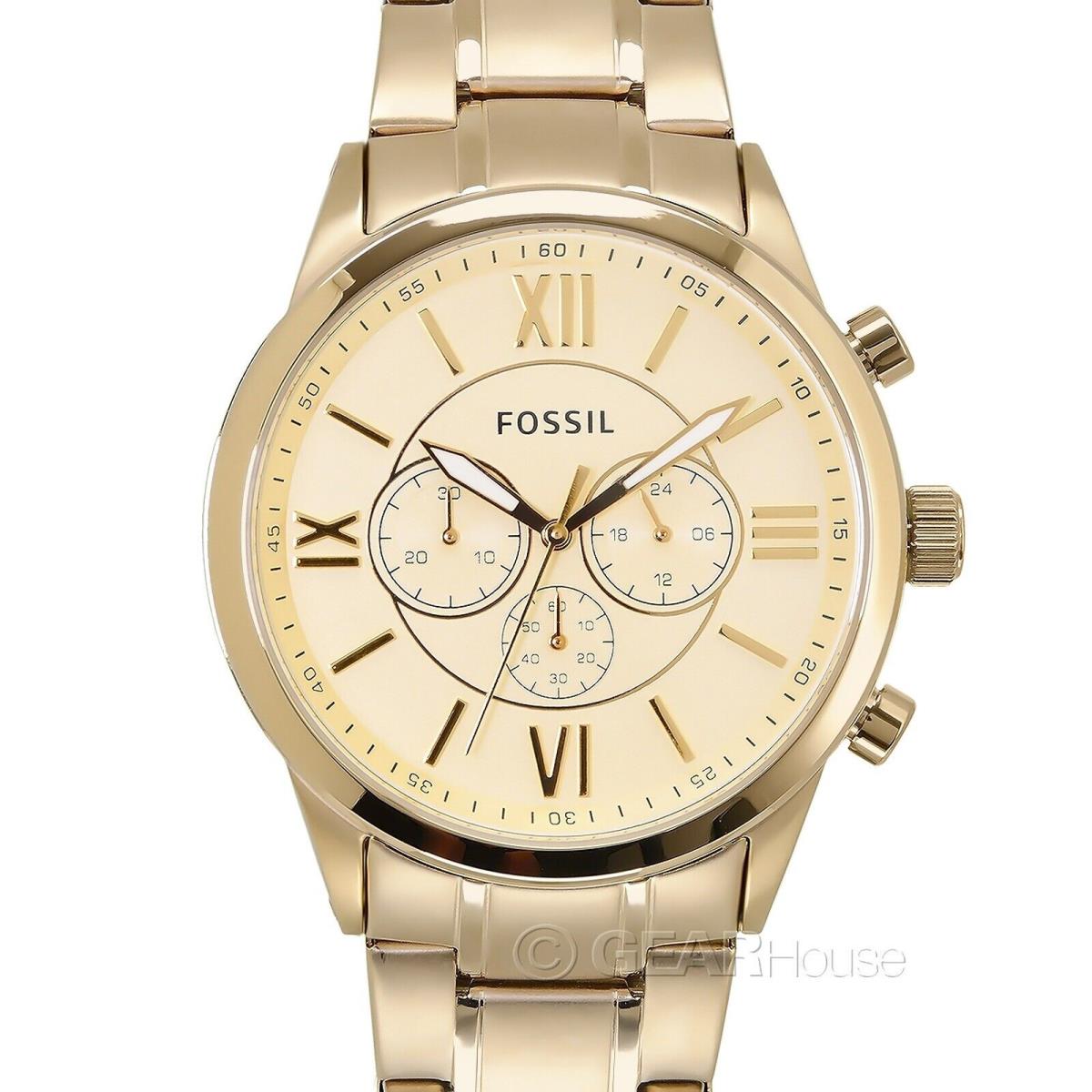 Fossil Flynn Mens Chronograph Watch Gold Dial Stainless Steel Band BQ1128