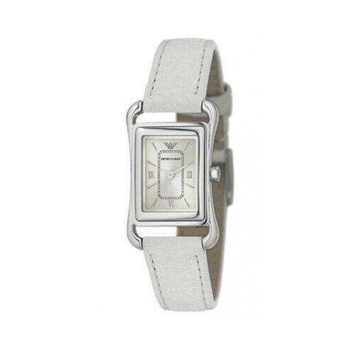 Emporio Armani AR5523 Silver Tone Beige Dial White Leather Strap Womens Watch