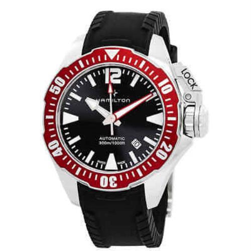 Hamilton Khaki Navy Automatic Black Dial Men`s Watch H77725335 - Black Dial, Black Band, Red Bezel