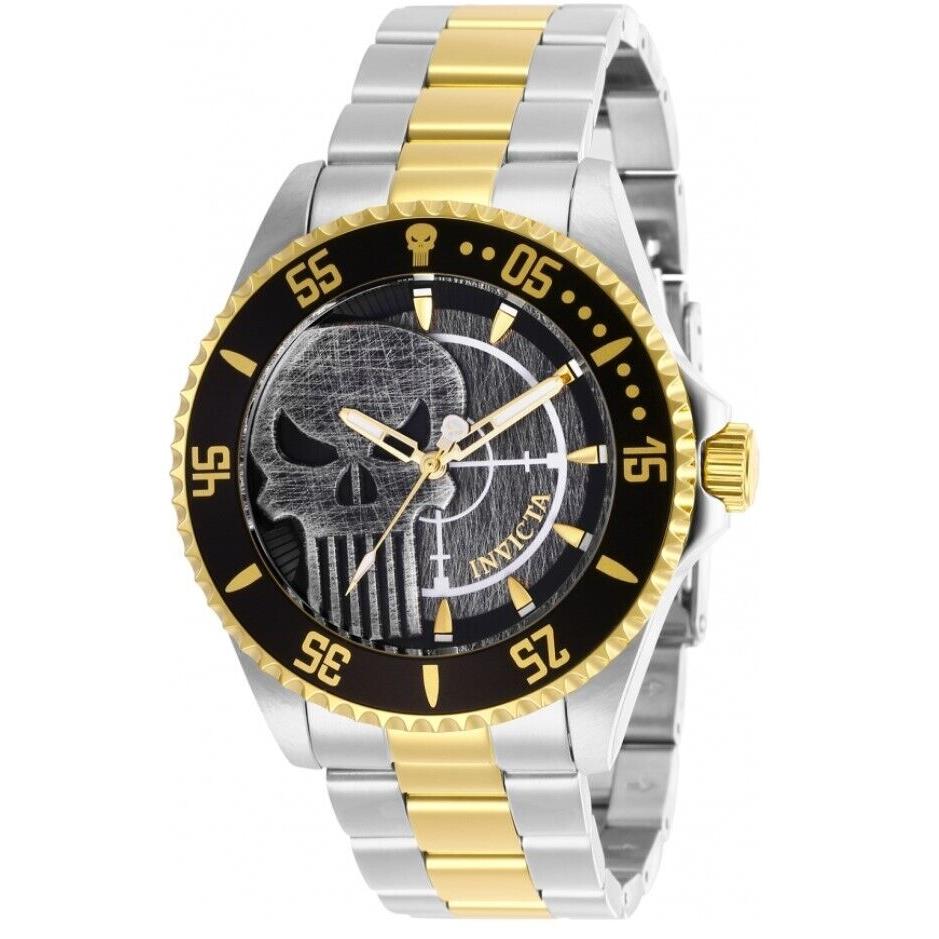 Invicta Marvel Punisher Men`s 44mm Limited Edition Two-tone Quartz Watch 29695 - Dial: Black, Gray, White, Band: Gold, Silver, Yellow, Bezel: Black, Gold