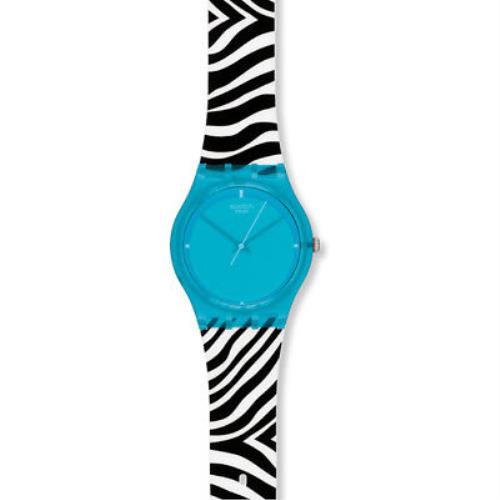 Never Worn 2011 Swatch Originals Blue Zeb GL115 Silicone Watch Retro - Blue Dial, Black Band