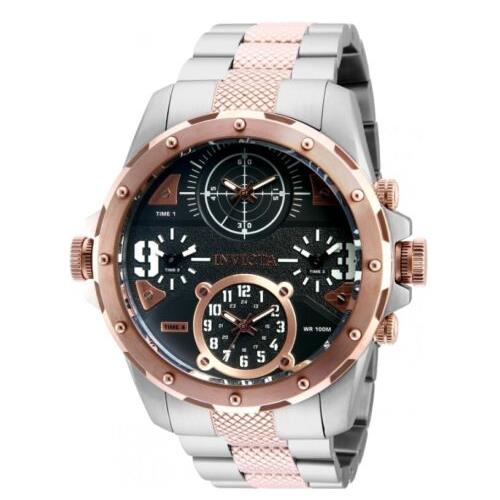 Invicta Coalition Forces Men`s 4-Time Zones 50mm Rose Gold Stainless Watch 31149 - Gray Dial, Silver Band, Pink Bezel
