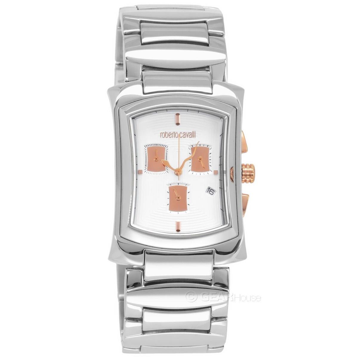 Roberto Cavalli Tomahawk Mens Chronograph Watch White Rose Gold Silver Steel - Dial: Rose Gold, Band: Silver, Bezel: Silver