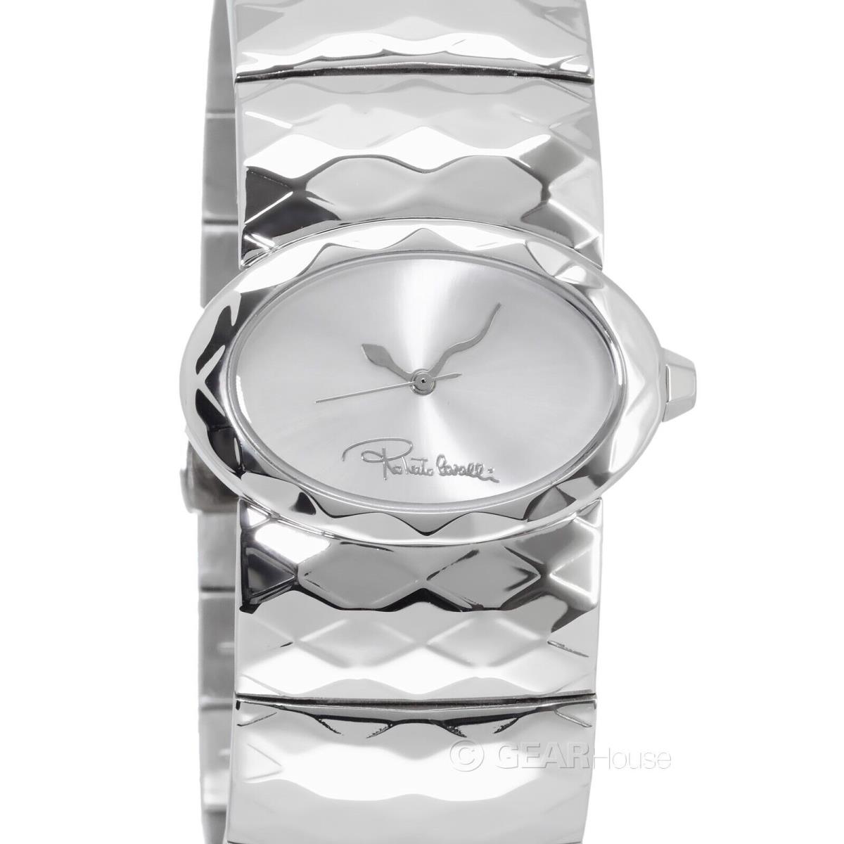 Roberto Cavalli Womens Faceted Watch Silver Oval Dial Stainless Steel Band