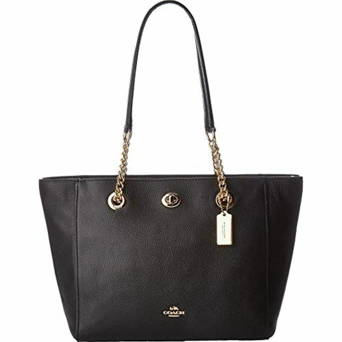 Coach NY 57107 Turnlock Black Leather Gold Chain Shoulder Tote Bag