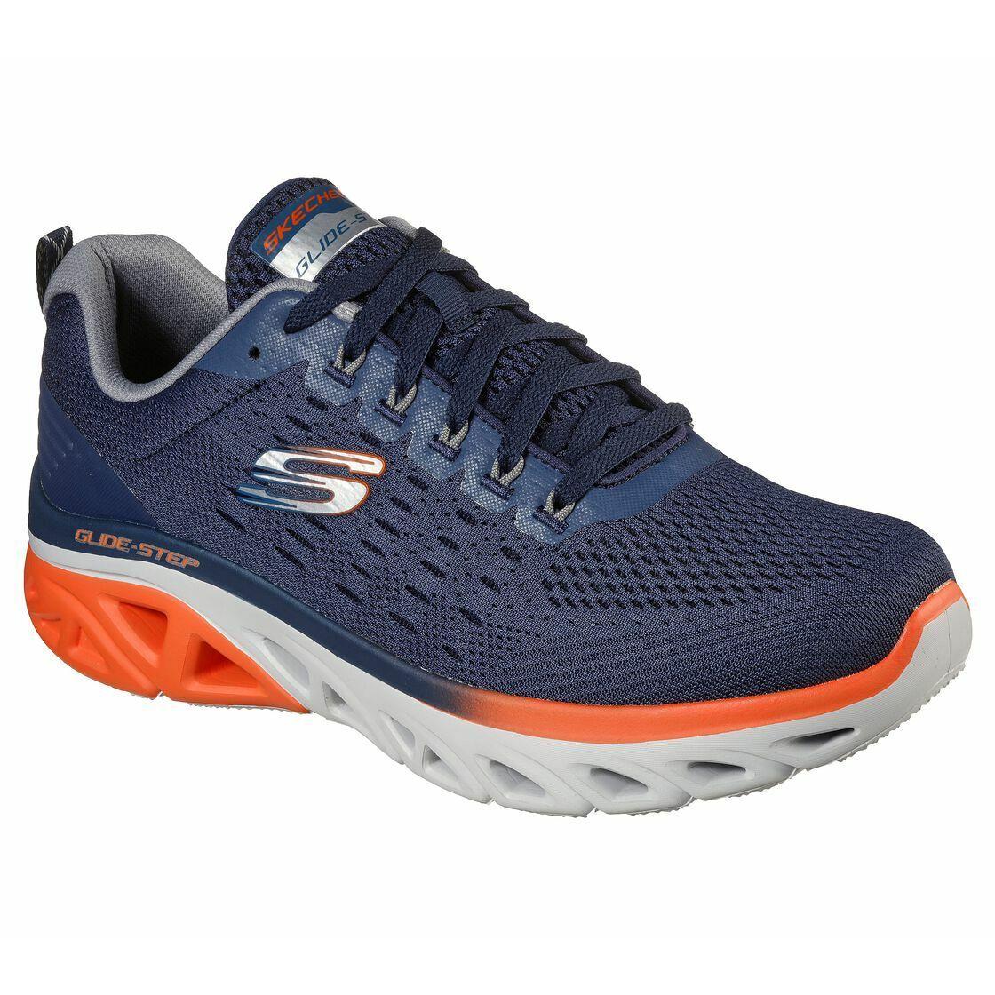 Skechers Wide Fit Glide Navy Orange Shoes Men`s Memory Foam Sport Comfort 232269