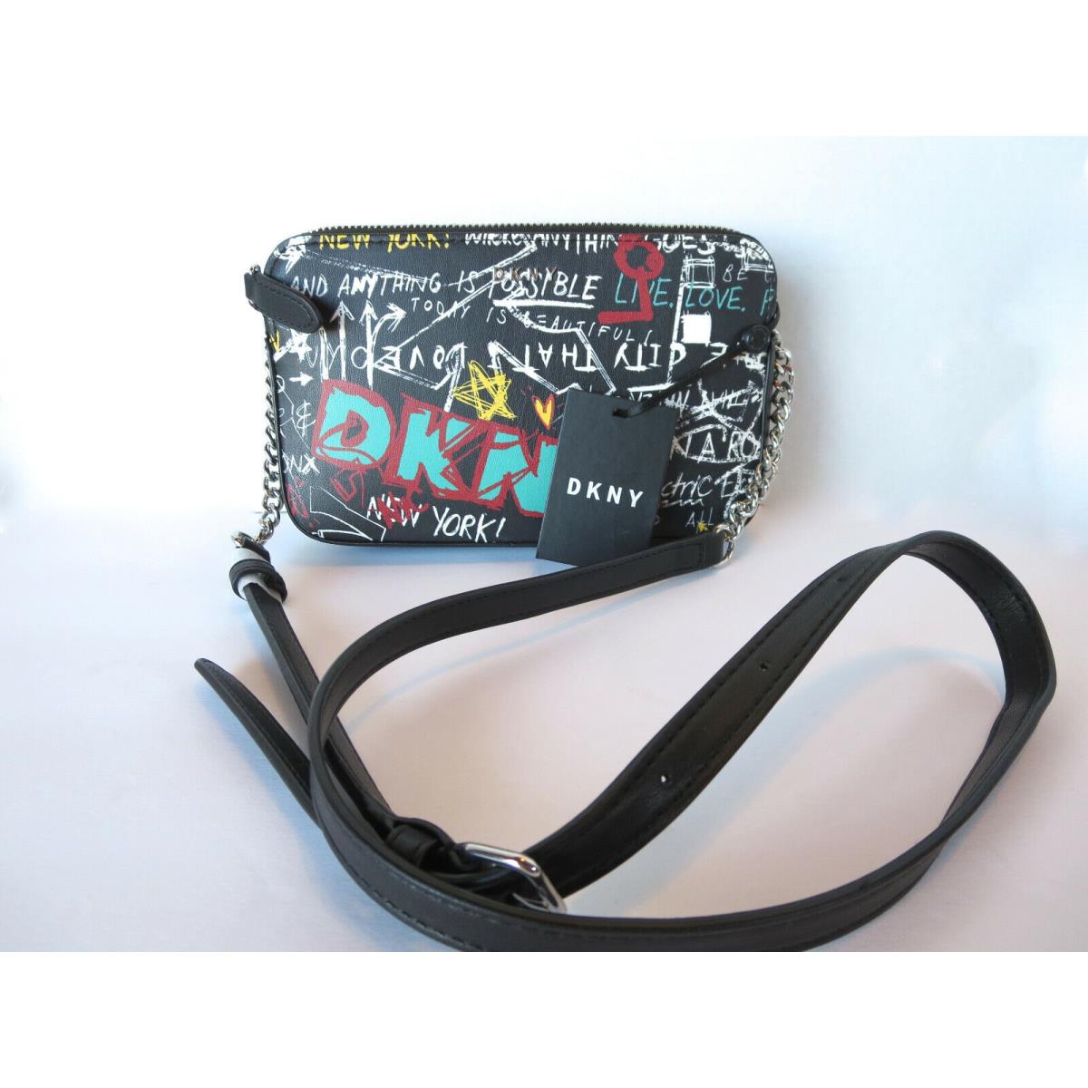 Dkny Double Zip Graffiti Crossbody Bag Triple Compartment Black Multi