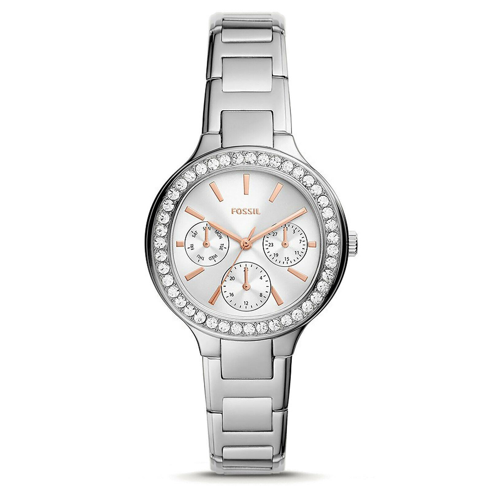 Fossil Weslee Womens Multifunction Watch Silver Rose Gold Dial Steel Crystals