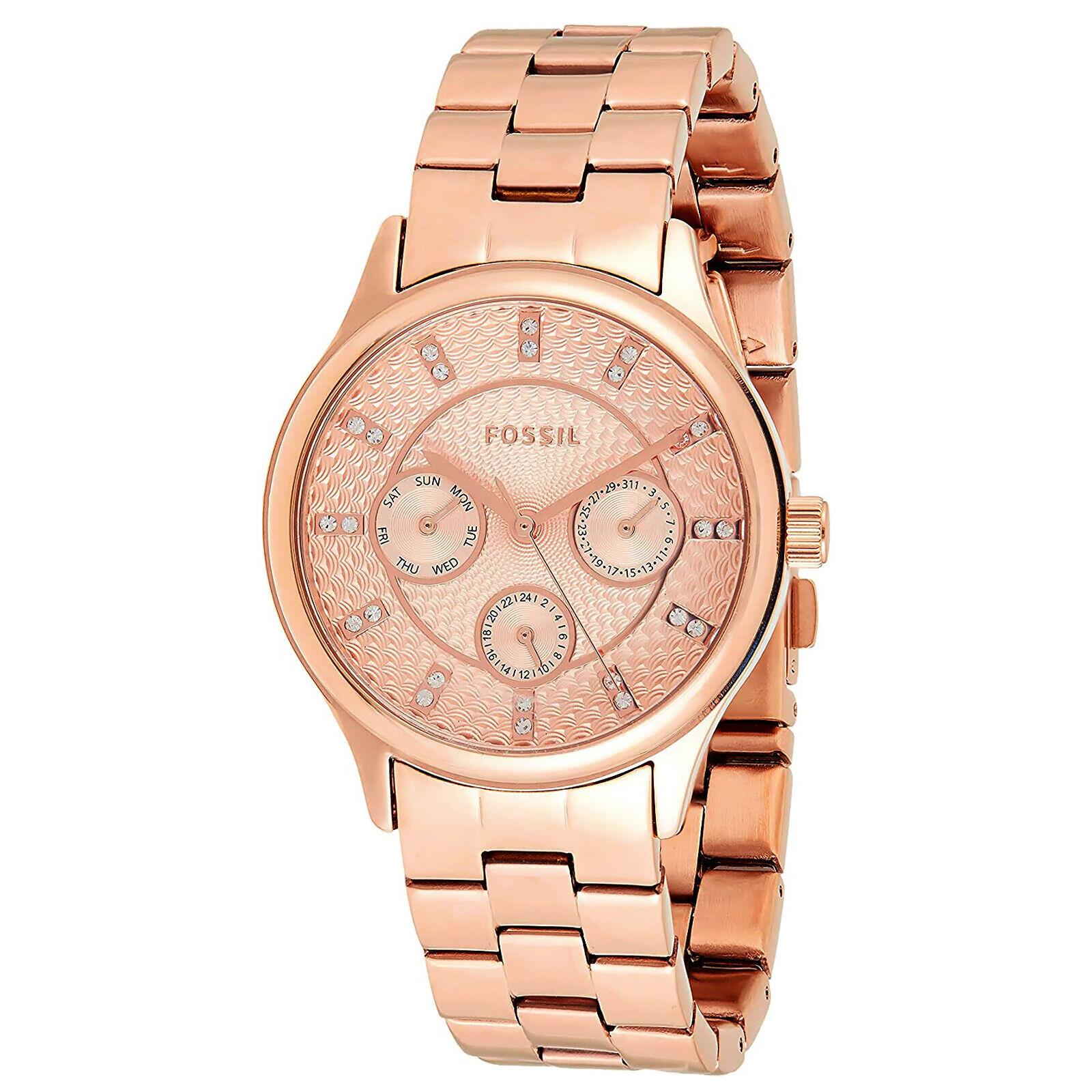 Fossil Modern Sophisticate Womens Rose Gold Watch Day Date Dial Crystals