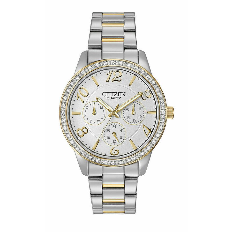 Citizen ED8124-53A Two Tone Silver White Day Date Dial Womens Crystal Watch