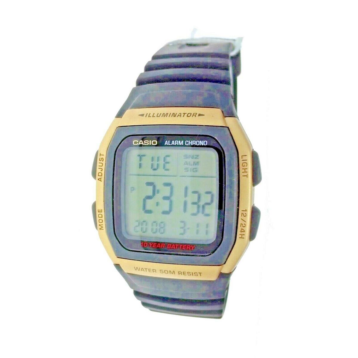 Digital Casio Watch Gold Case 50M WR Alarm 10 Year Battery Resin Bnd W96H-9A - Dial: Black, Gold, Band: Black
