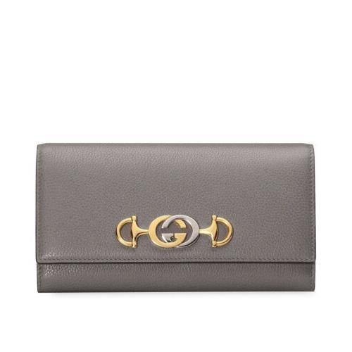 Gucci Zumi Horsebit Logo Gray Textured Leather Continental Wallet