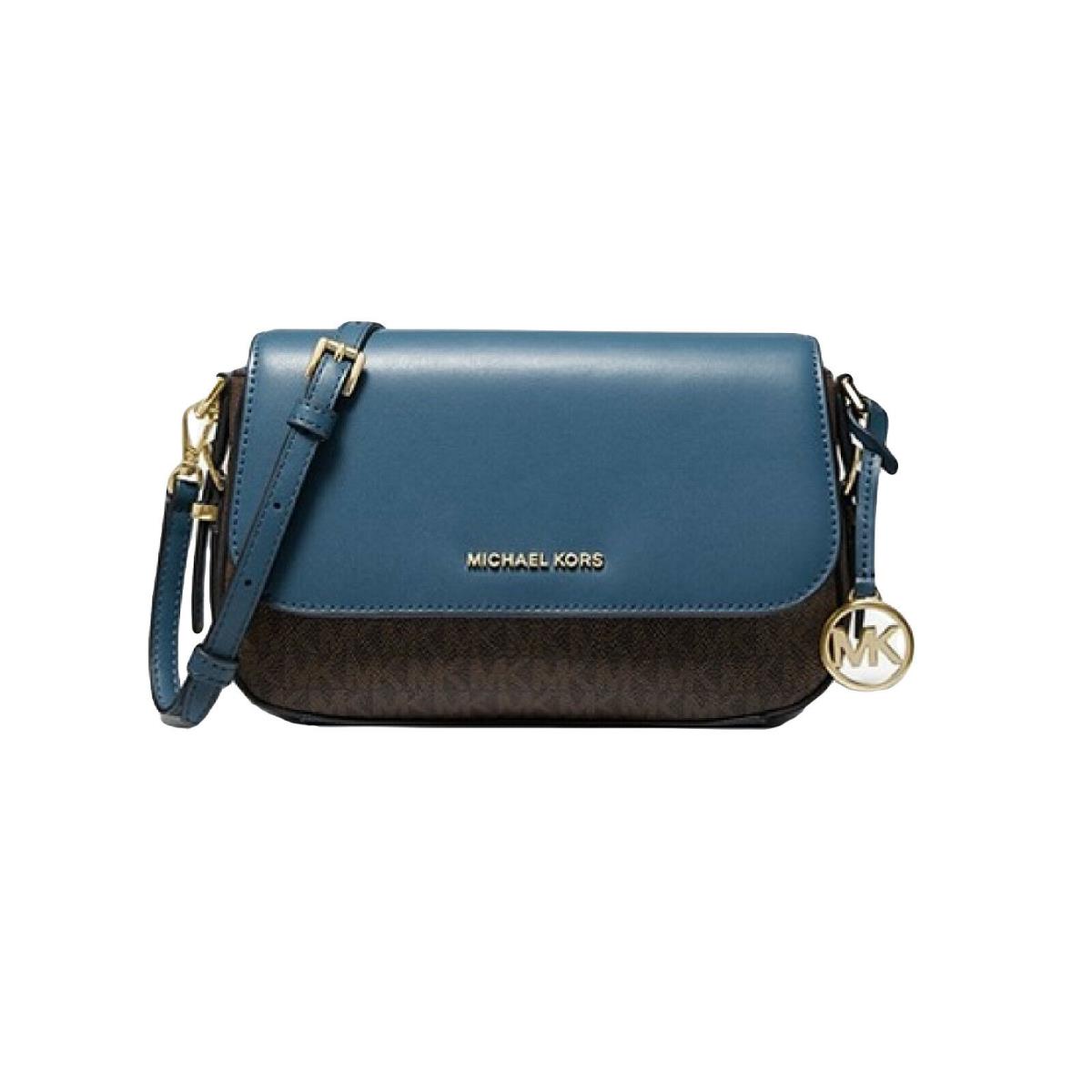 Michael Kors Bedford Legacy Large Logo and Pebbled Leather Crossbody Bag - Blue/Brown Exterior