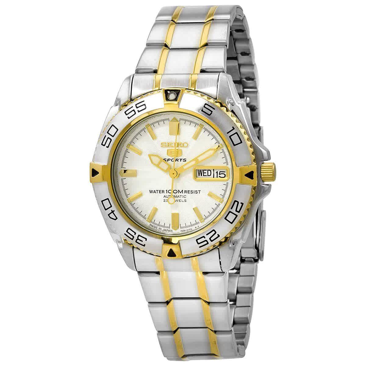 Seiko 5 Sports Automatic White Dial Men`s Watch SNZB24J1 - Dial: White, Band: Silver, Gold, Bezel: Silver, Gold