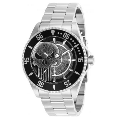 Invicta Marvel Punisher Men`s 44mm Limited Edition Stainless Quartz Watch 29693 - Gray Dial, Silver Band, Black Bezel