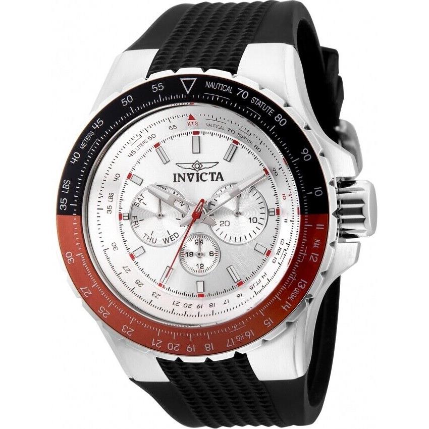 Invicta Men`s 50mm Aviator Day/date Silver Dial Black Red Bezel Silicone Watch