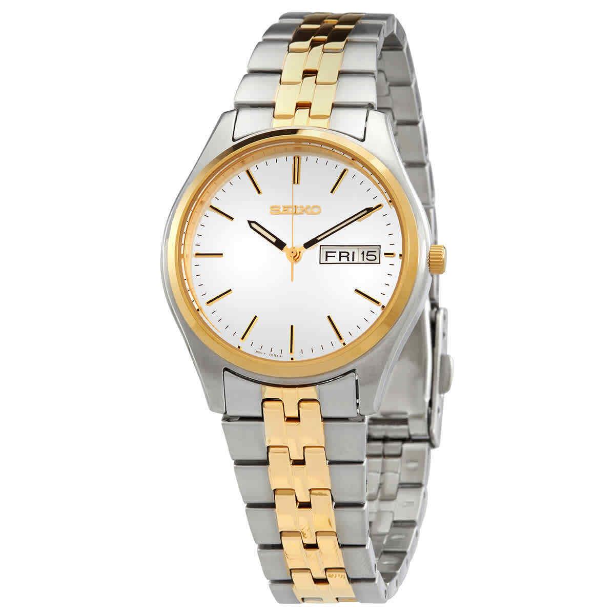 Seiko Essentials Quartz Silver Dial Men`s Watch SUR430 - Dial: Silver, Band: Silver, Gold, Bezel: Gold